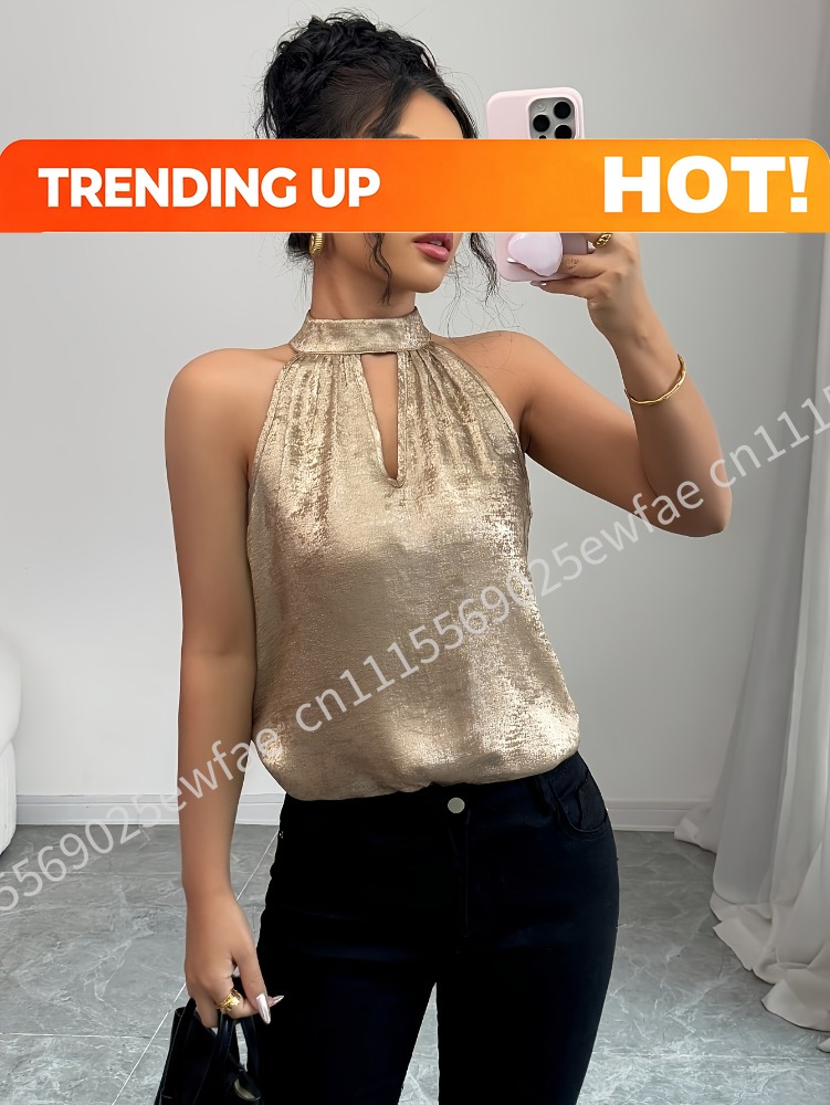 Blouse Off Shoulder - Şampanya Altın Parlak Parlak Halter Boyun