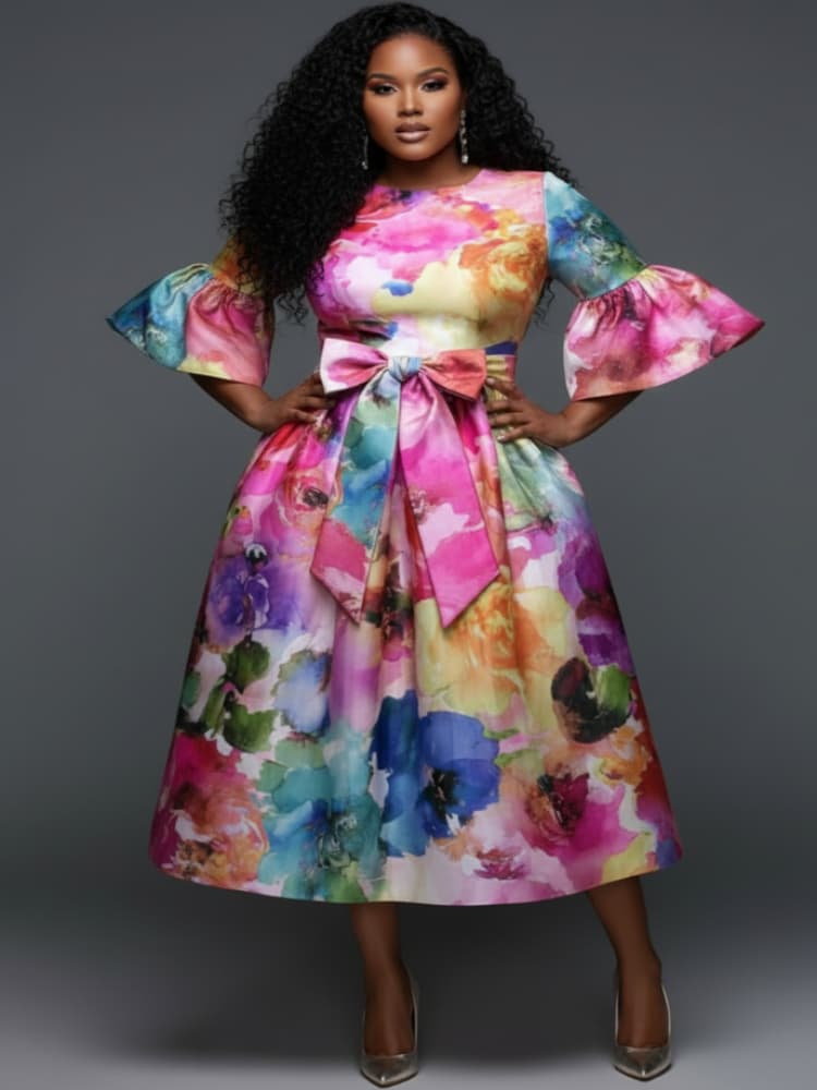 Midi Skirt Floral - Büyük Beden Yuvarlak Yaka Fırfırlı Kollu