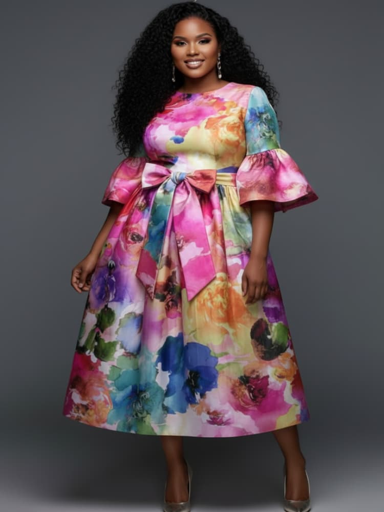 Büyük Beden Yuvarlak Yaka Fırf - Midi Skirt Floral incelemesi ve fiyatı