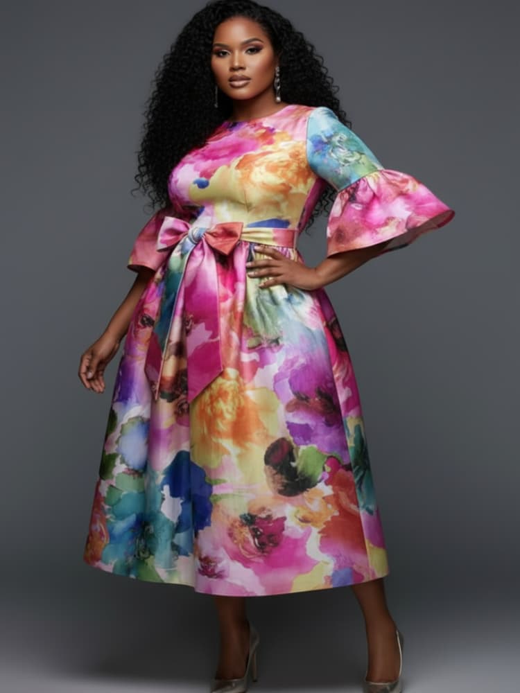 Büyük Beden Yuvarlak Yaka Fırf - Midi Skirt Floral incelemesi ve fiyatı